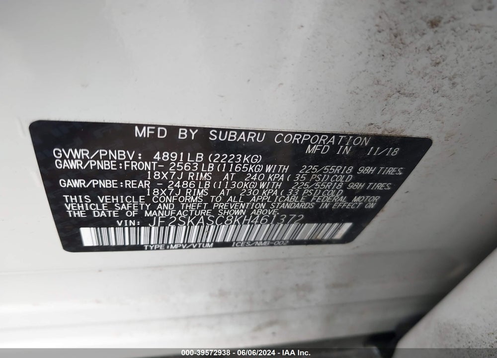 2019 SUBARU FORESTER LIMITED VIN: JF2SKASC8KH461372