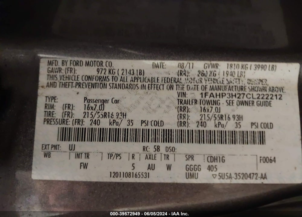 2012 FORD FOCUS SEL VIN: 1FAHP3H27CL222212