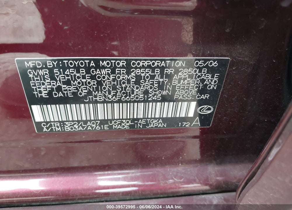 2006 LEXUS LS 430 VIN: JTHBN36F665051245