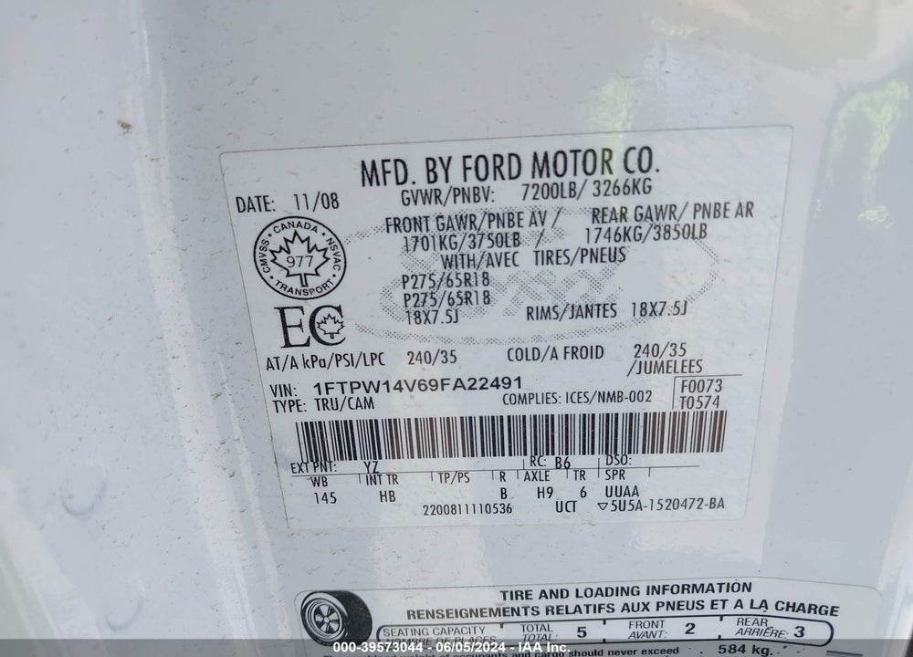 2009 FORD F-150 FX4/KING RANCH/LARIAT/PLATINUM/XL/XLT VIN: 1FTPW14V69FA22491