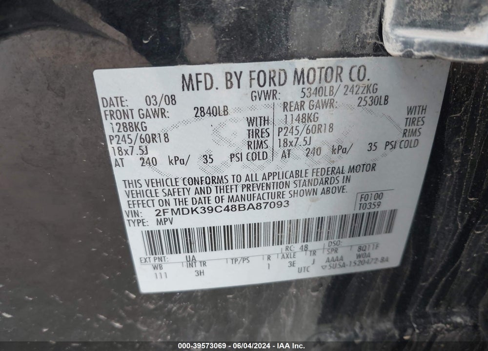 2008 FORD EDGE LIMITED VIN: 2FMDK39C48BA87093
