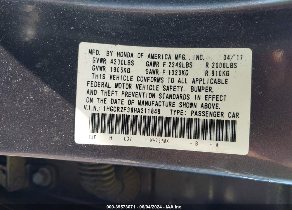 2017 HONDA ACCORD LX VIN: 1HGCR2F39HA211849