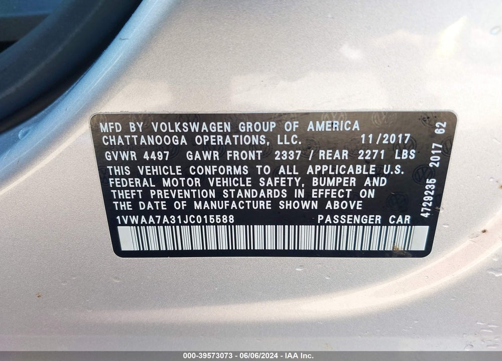 2018 VOLKSWAGEN PASSAT 2.0T R-LINE/2.0T S VIN: 1VWAA7A31JC015588