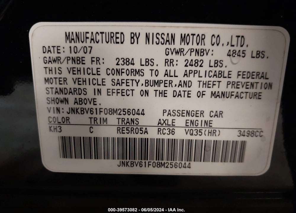 2008 INFINITI G35X VIN: JNKBV61F08M256044