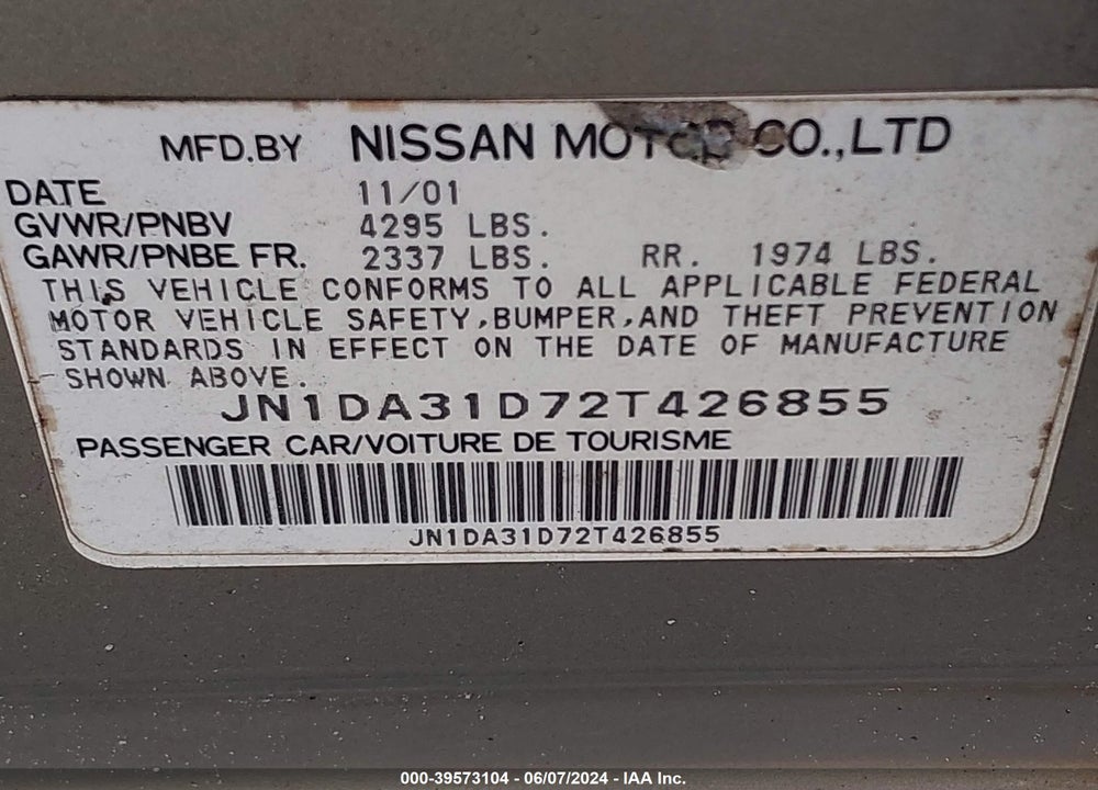 2002 NISSAN MAXIMA SE VIN: JN1DA31D72T426855
