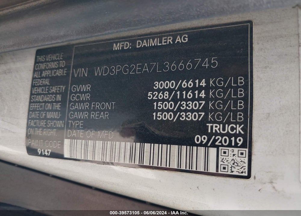 2020 MERCEDES-BENZ METRIS VIN: WD3PG2EA7L3666745
