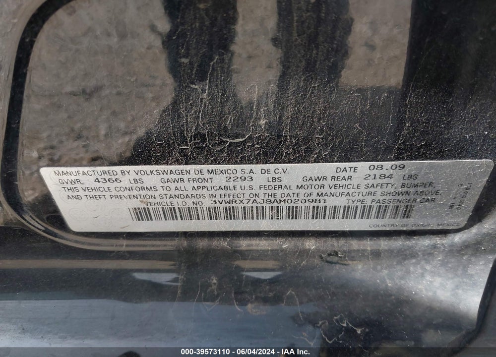 2010 VOLKSWAGEN JETTA SE VIN: 3VWRX7AJ8AM020981