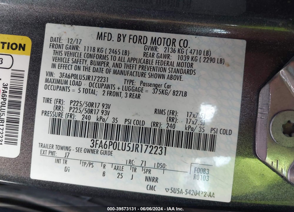 2018 FORD FUSION HYBRID SE VIN: 3FA6P0LU5JR172231