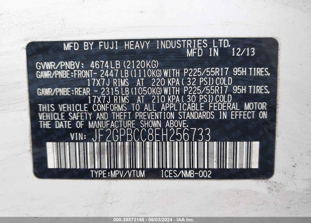2014 SUBARU XV CROSSTREK HYBRID VIN: JF2GPBCC8EH256733