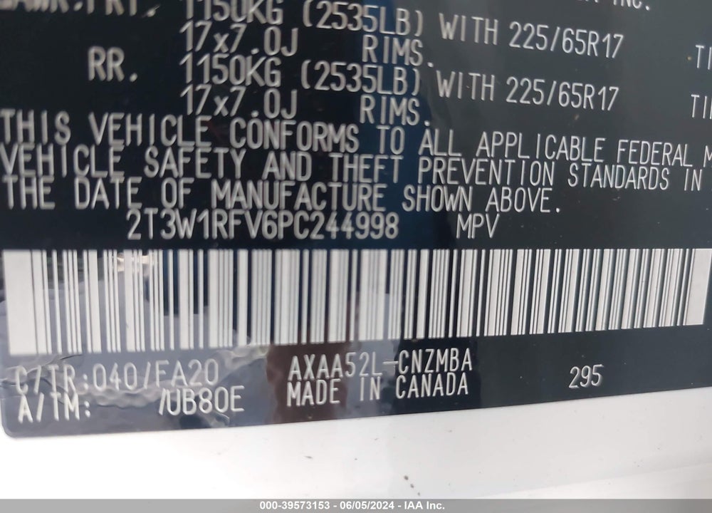 2023 TOYOTA RAV4 VIN: 2T3W1RFV6PC244998