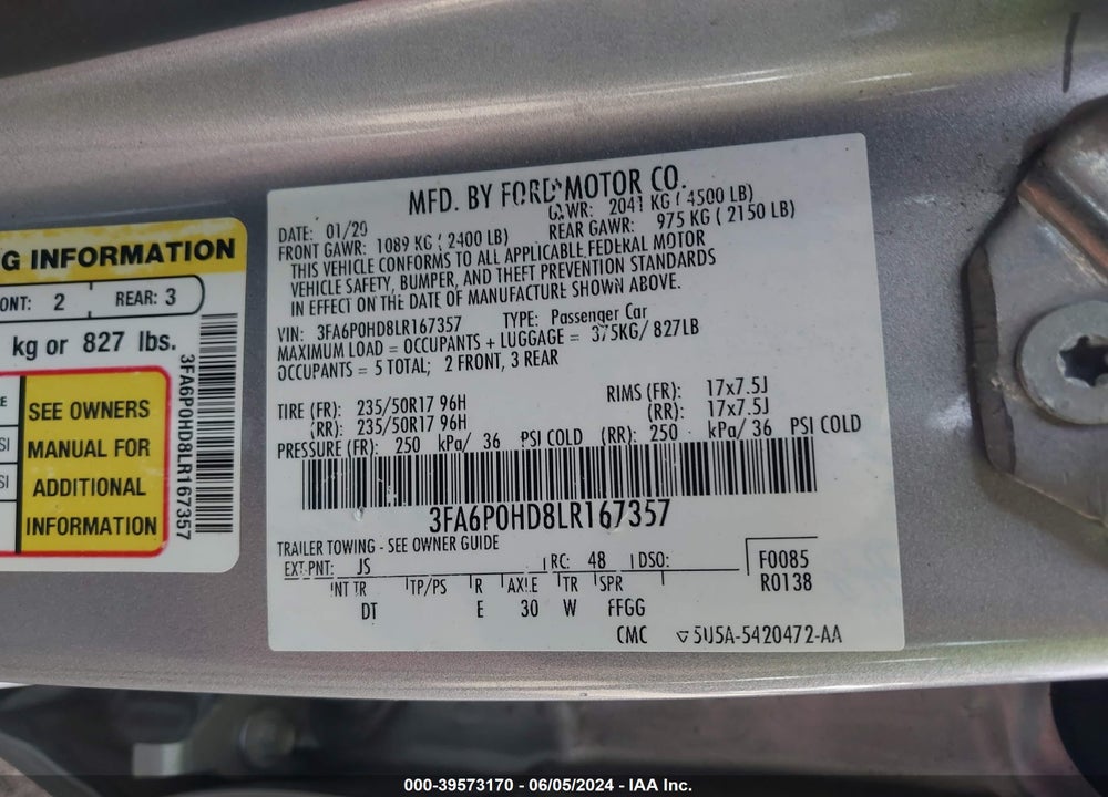 2020 FORD FUSION SE VIN: 3FA6P0HD8LR167357