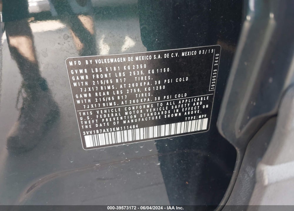 2019 VOLKSWAGEN TIGUAN 2.0T S VIN: 3VV1B7AX3KM111484