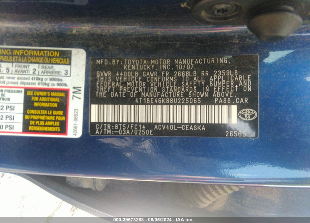 2008 TOYOTA CAMRY SE VIN: 4T1BE46K88U225065