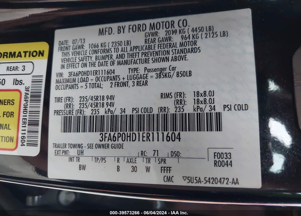 2014 FORD FUSION SE VIN: 3FA6P0HD1ER111604
