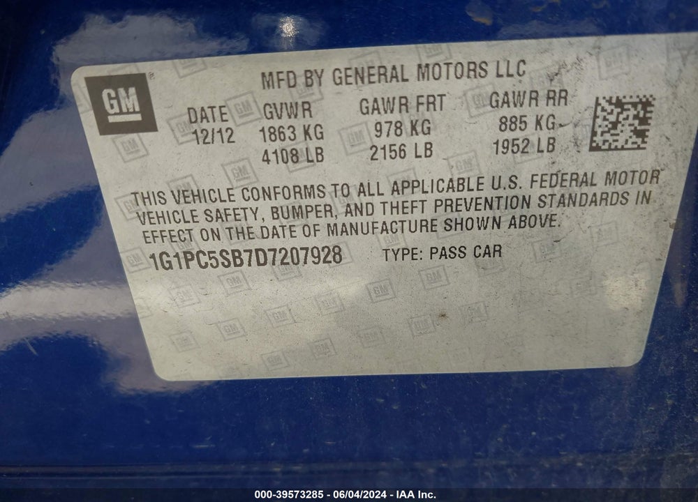 2013 CHEVROLET CRUZE 1LT AUTO VIN: 1G1PC5SB7D7207928