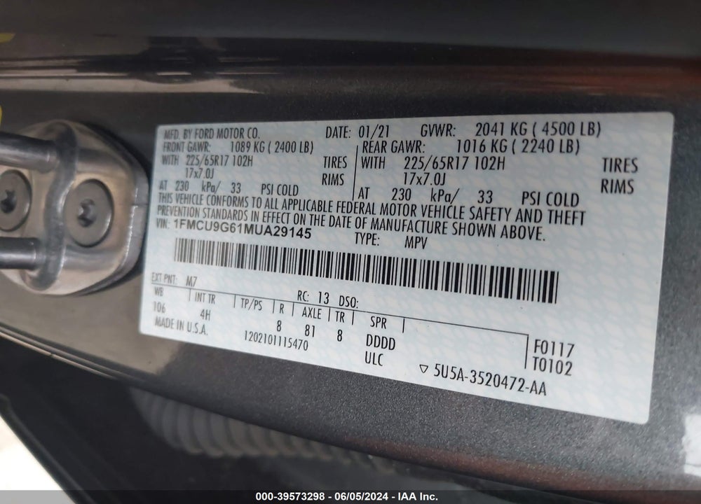 2021 FORD ESCAPE SE VIN: 1FMCU9G61MUA29145