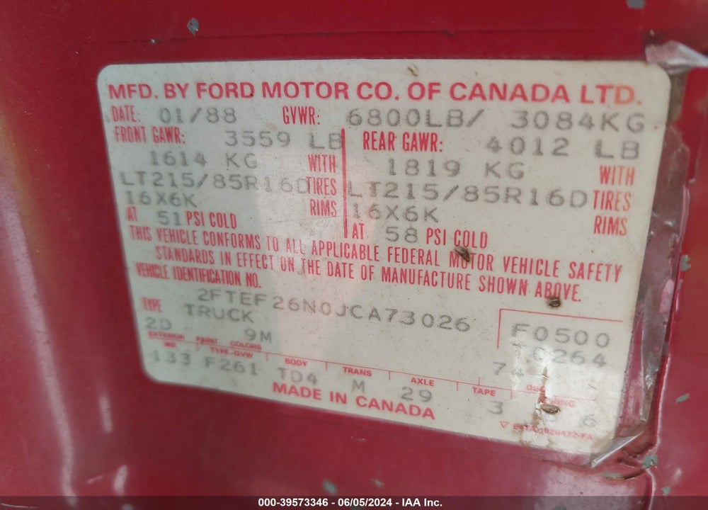 1988 FORD F250 VIN: 2FTEF26N0JCA73026