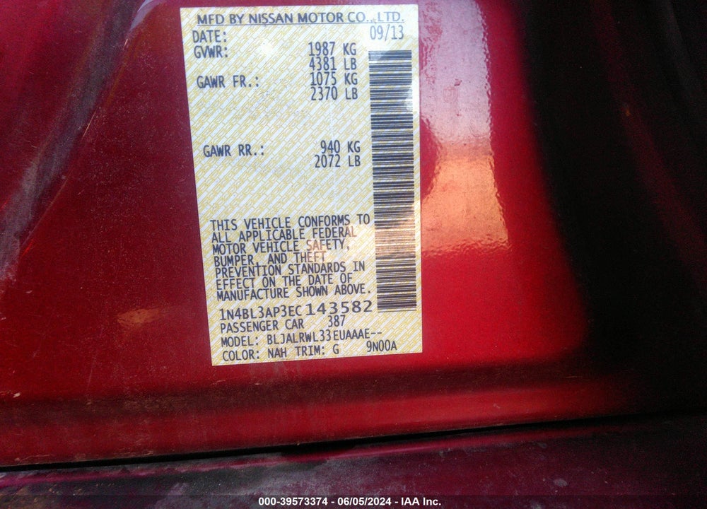 2014 NISSAN ALTIMA 3.5 S VIN: 1N4BL3AP3EC143582