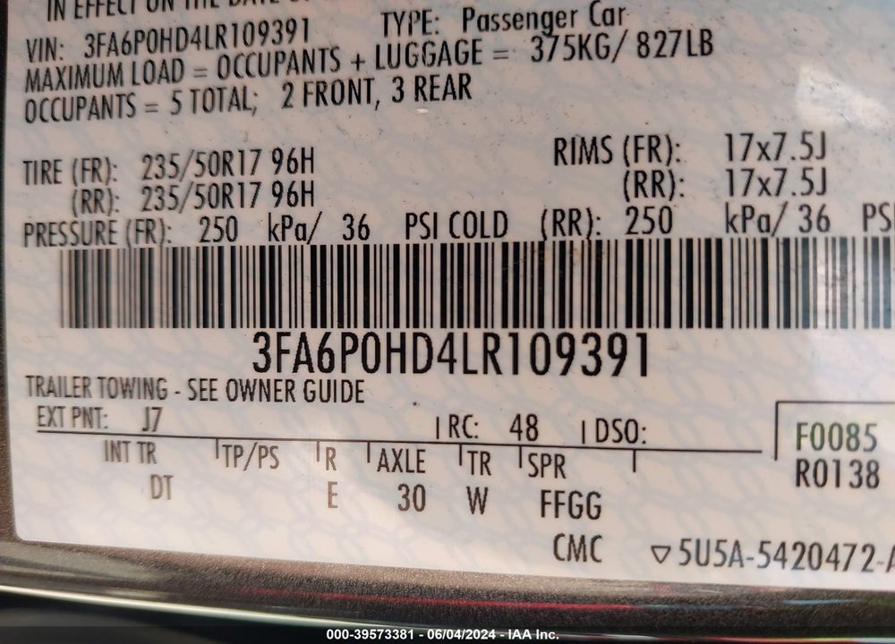 2020 FORD FUSION SE VIN: 3FA6P0HD4LR109391