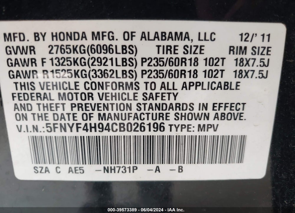 2012 HONDA PILOT TOURING VIN: 5FNYF4H94CB026196