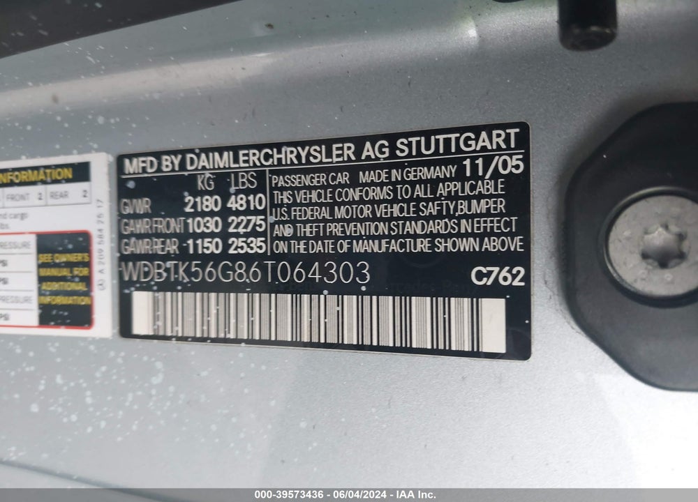 2006 MERCEDES-BENZ CLK 350 VIN: WDBTK56G86T064303
