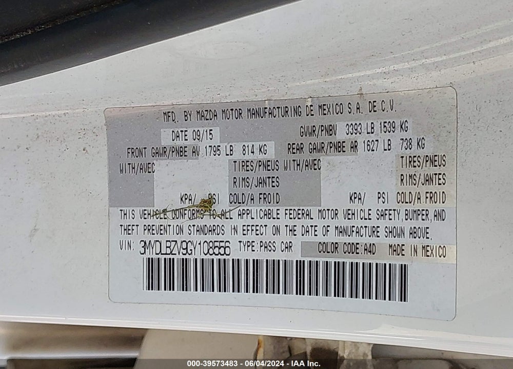 2016 SCION IA VIN: 3MYDLBZV9GY108556
