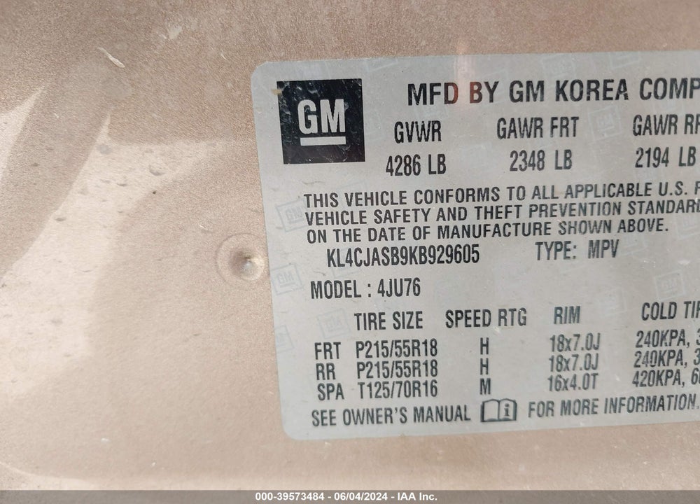 2019 BUICK ENCORE VIN: KL4CJASB9KB929605