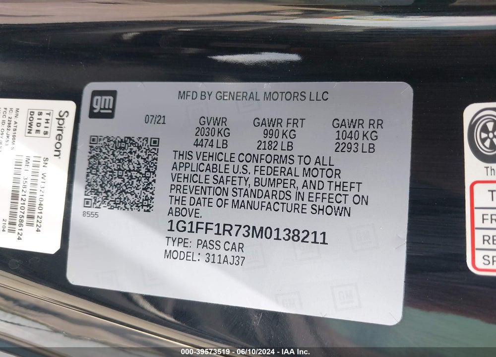 2021 CHEVROLET CAMARO RWD LT1 VIN: 1G1FF1R73M0138211