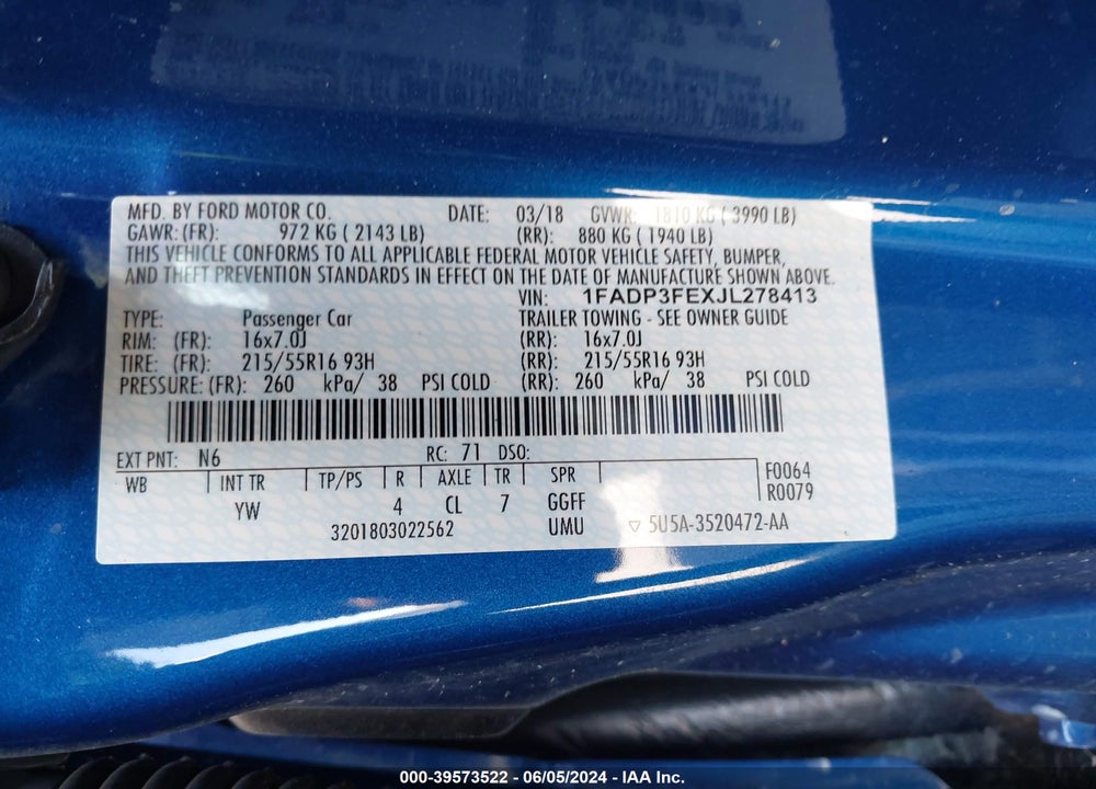 2018 FORD FOCUS SE VIN: 1FADP3FEXJL278413