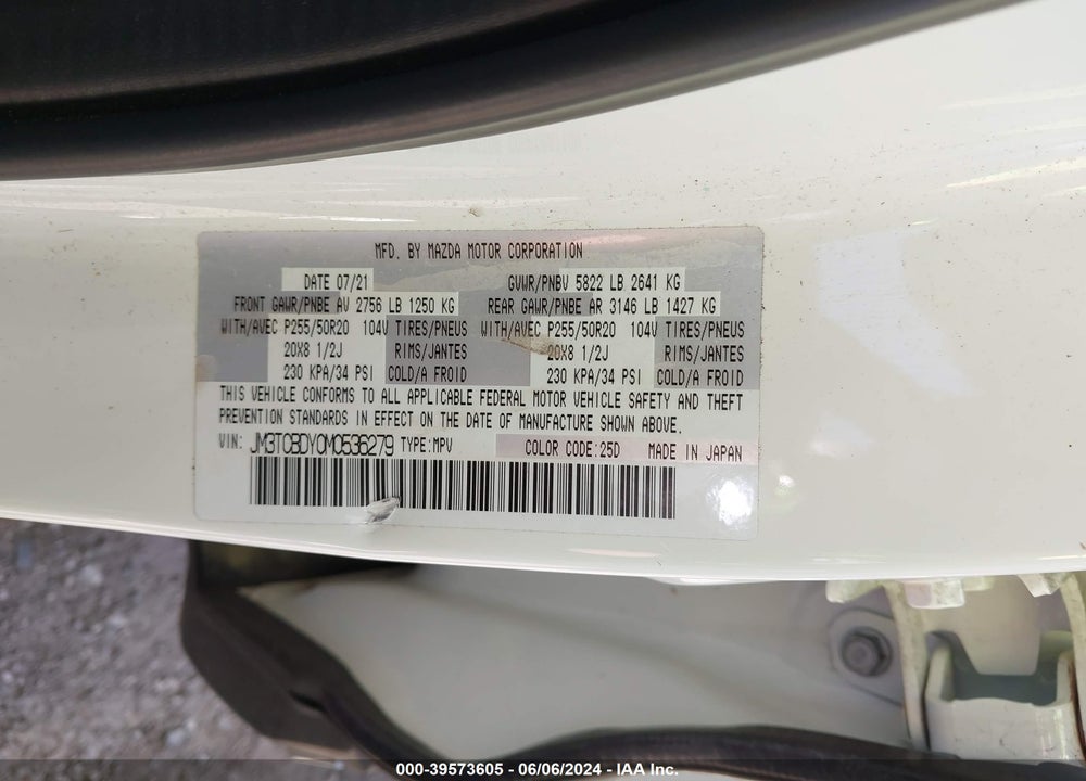 2021 MAZDA CX-9 GRAND TOURING VIN: JM3TCBDY0M0536279