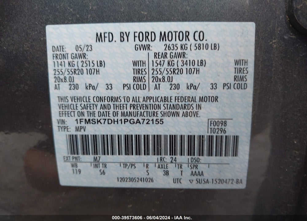 2023 FORD EXPLORER XLT VIN: 1FMSK7DH1PGA72155