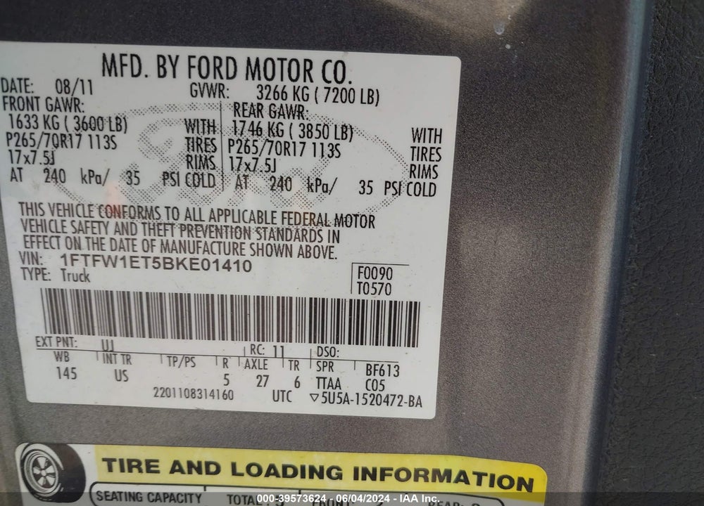 2011 FORD F-150 XLT VIN: 1FTFW1ET5BKE01410