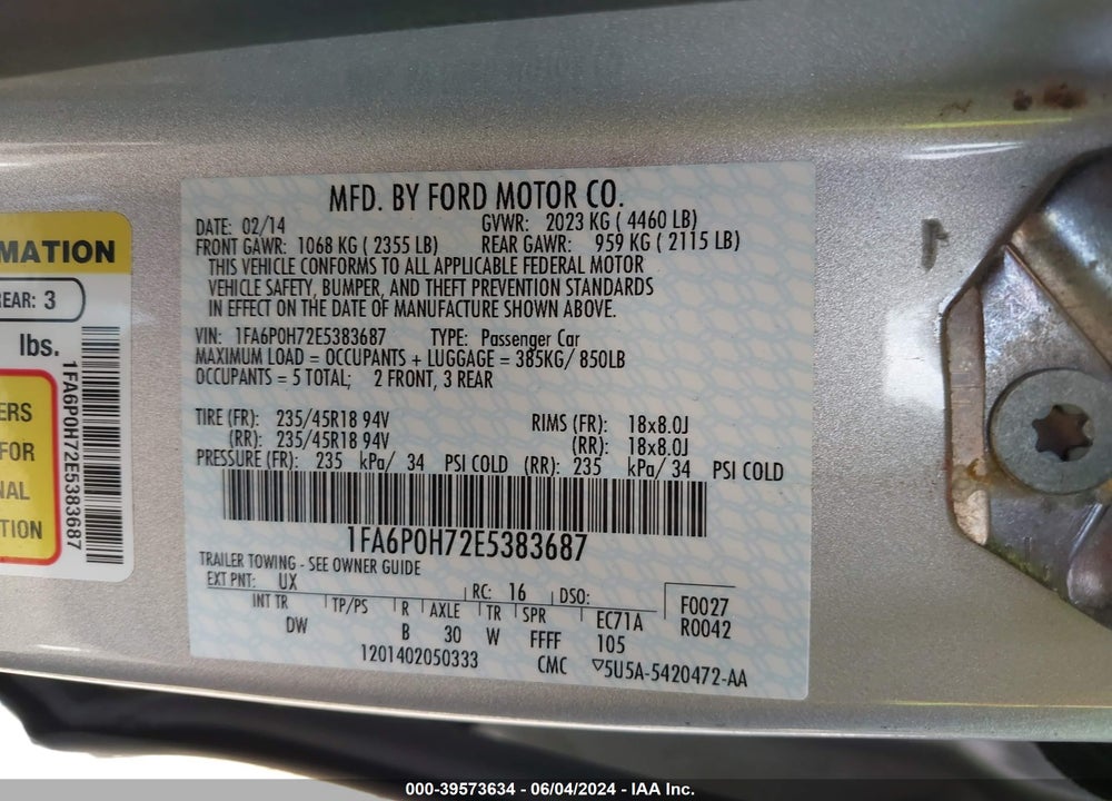 2014 FORD FUSION SE VIN: 1FA6P0H72E5383687