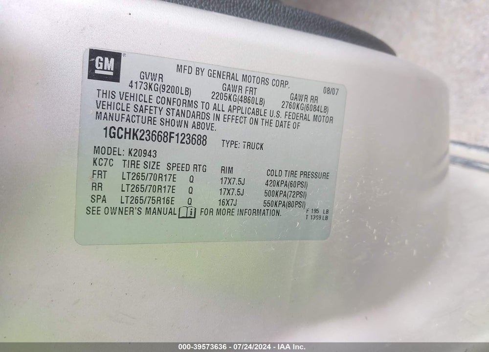 2008 CHEVROLET SILVERADO 2500HD LT2 VIN: 1GCHK23668F123688
