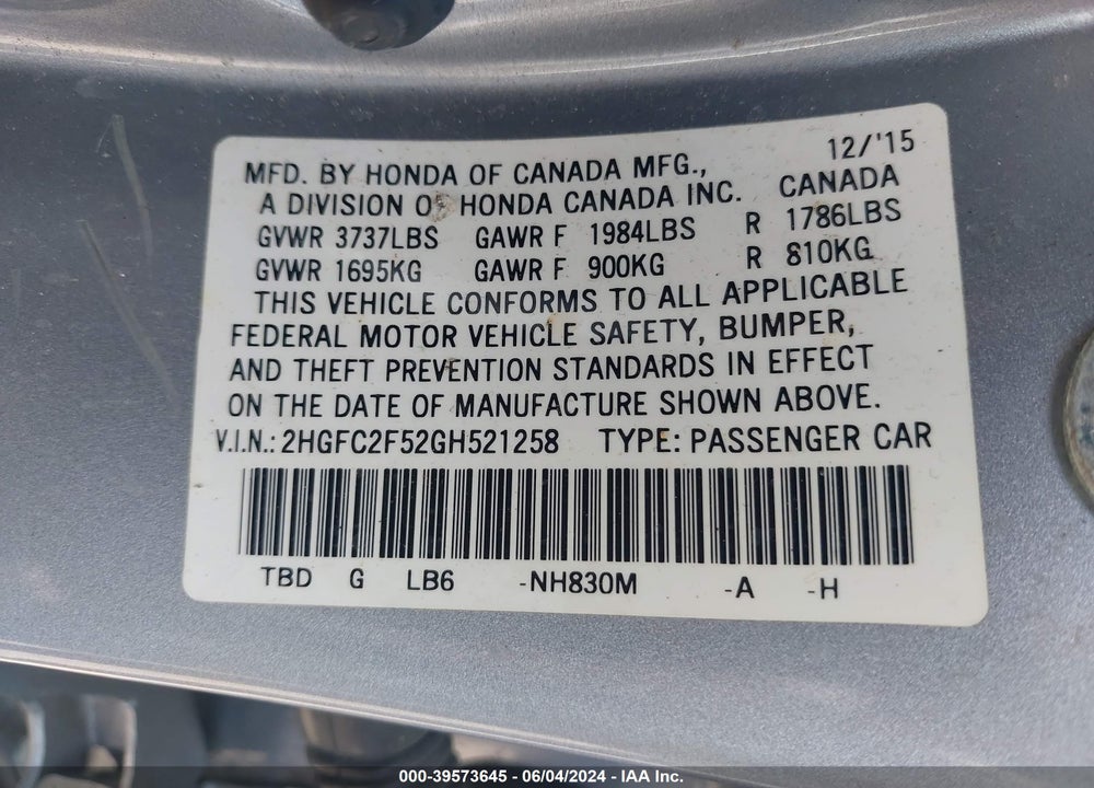 2016 HONDA CIVIC LX VIN: 2HGFC2F52GH521258