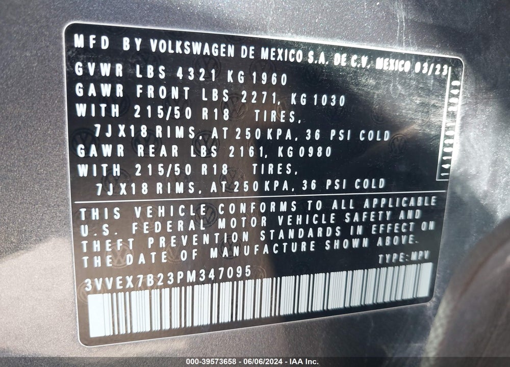 2023 VOLKSWAGEN TAOS 1.5T SE VIN: 3VVEX7B23PM347095