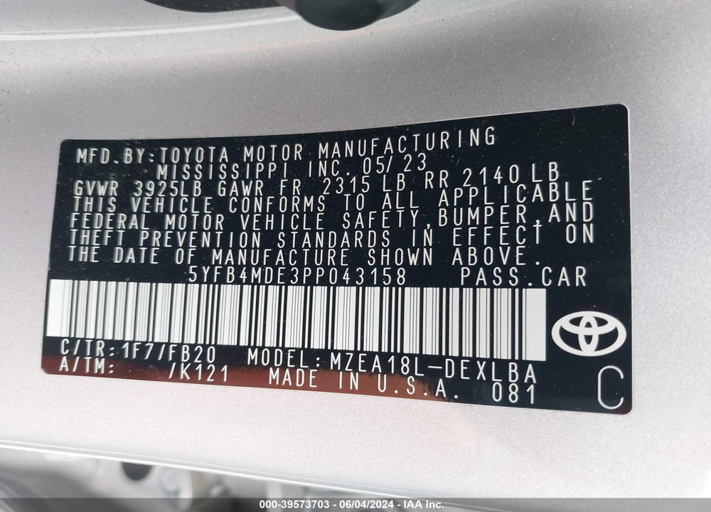 2023 TOYOTA COROLLA LE VIN: 5YFB4MDE3PP043158
