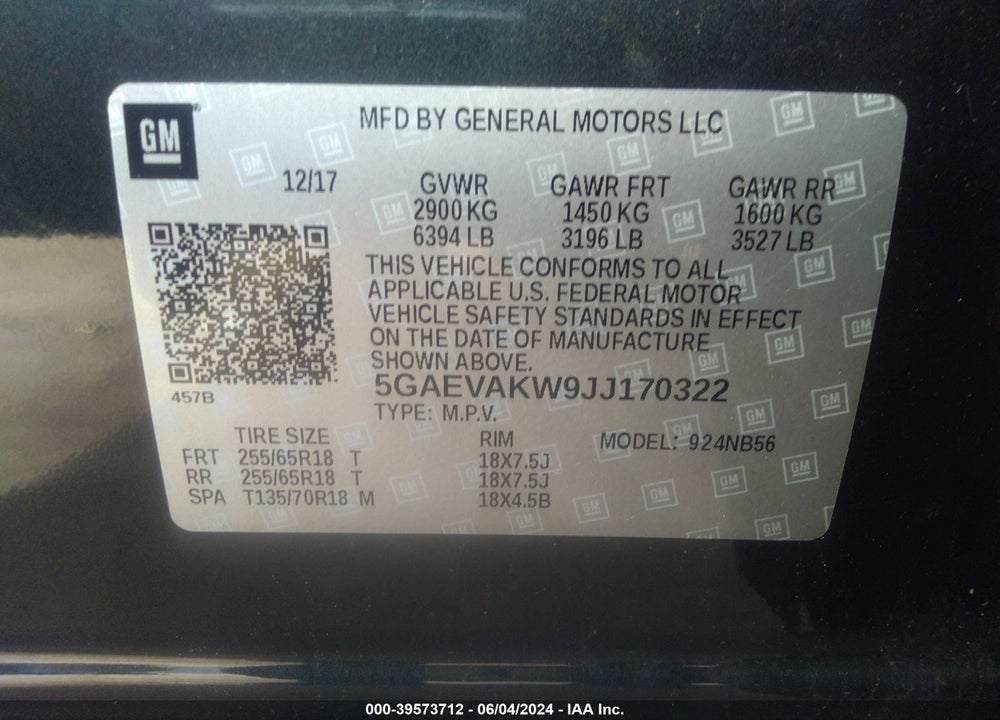 2018 BUICK ENCLAVE ESSENCE VIN: 5GAEVAKW9JJ170322