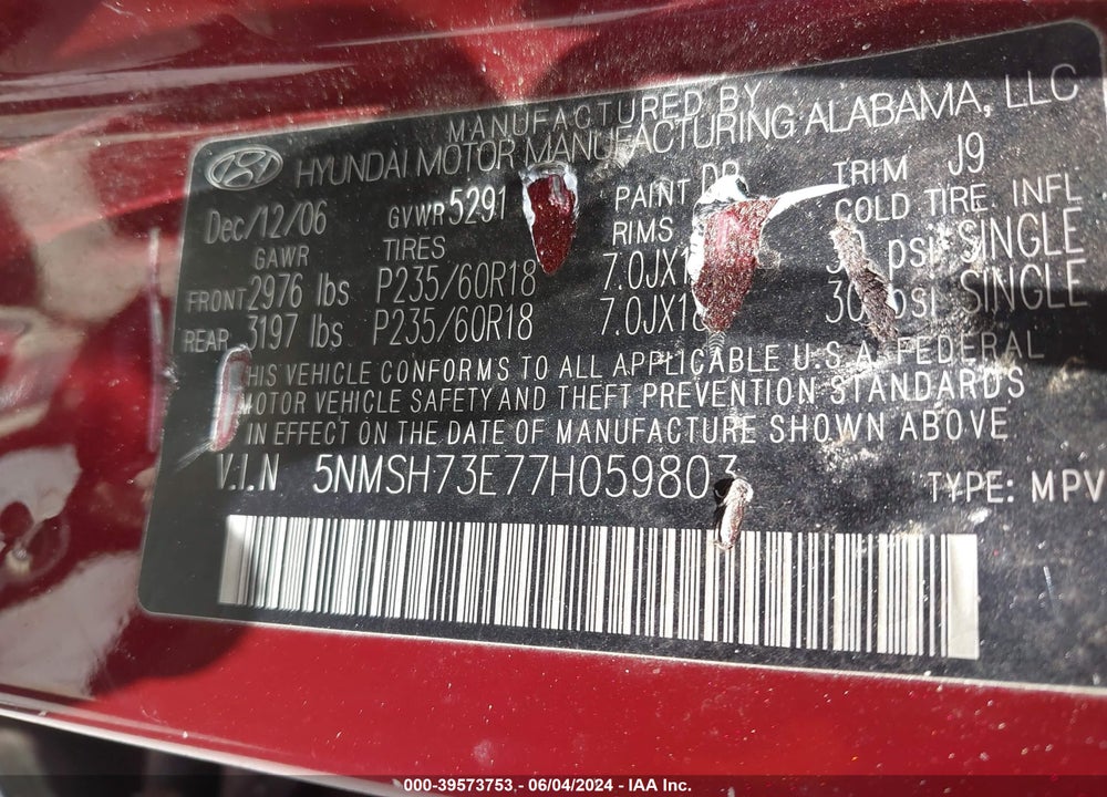 2007 HYUNDAI SANTA FE LIMITED/SE VIN: 5NMSH73E77H059803
