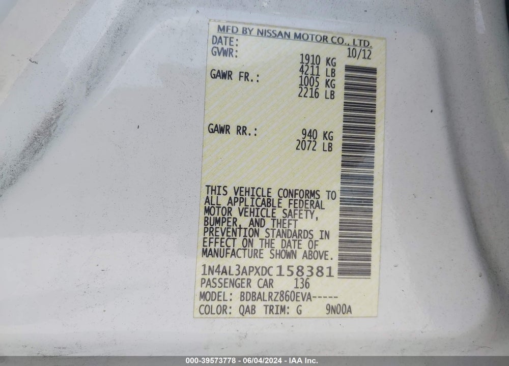 2013 NISSAN ALTIMA 2.5 S VIN: 1N4AL3APXDC158381