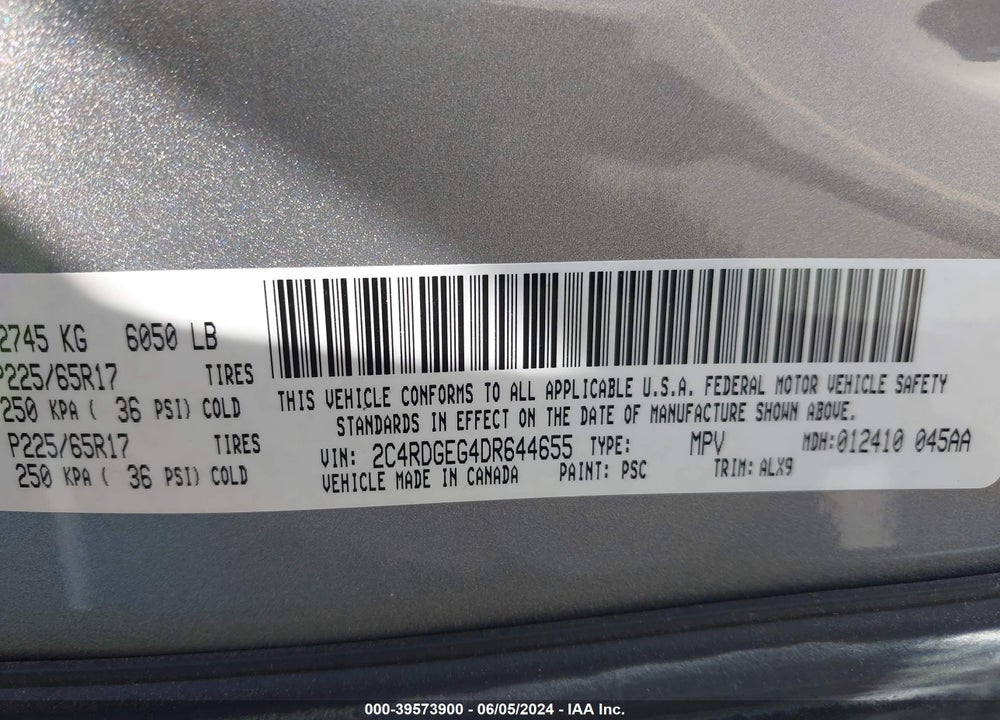 2013 DODGE GRAND CARAVAN R/T VIN: 2C4RDGEG4DR644655
