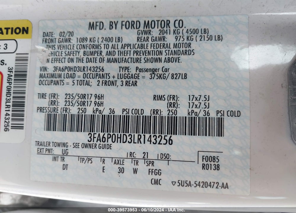 2020 FORD FUSION SE VIN: 3FA6P0HD3LR143256
