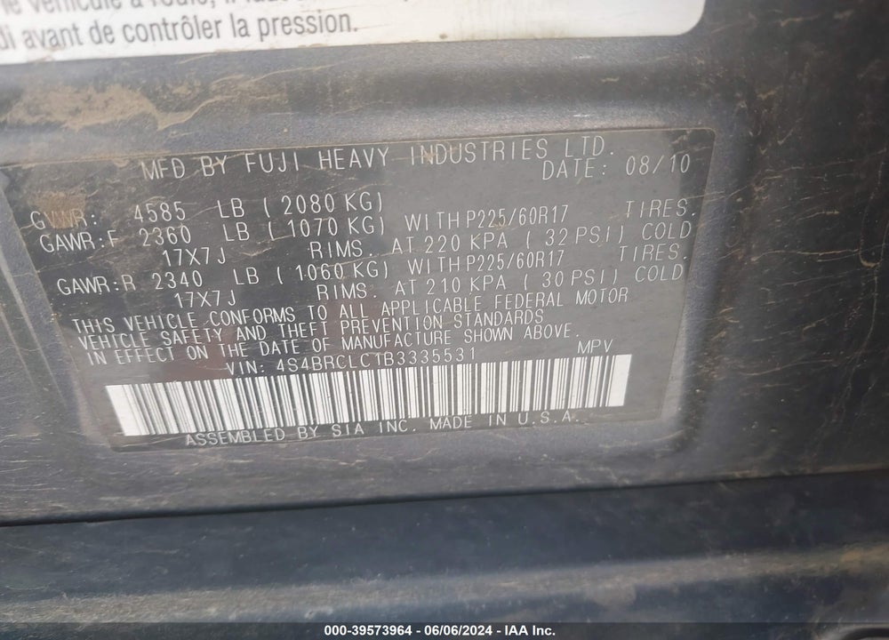 2011 SUBARU OUTBACK 2.5I LIMITED VIN: 4S4BRCLC1B3335531