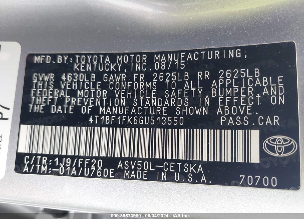 2016 TOYOTA CAMRY SE VIN: 4T1BF1FK6GU513550