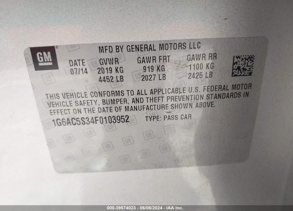 2015 CADILLAC ATS PERFORMANCE VIN: 1G6AC5S34F0103952