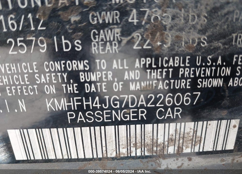 2013 HYUNDAI AZERA VIN: KMHFH4JG7DA226067