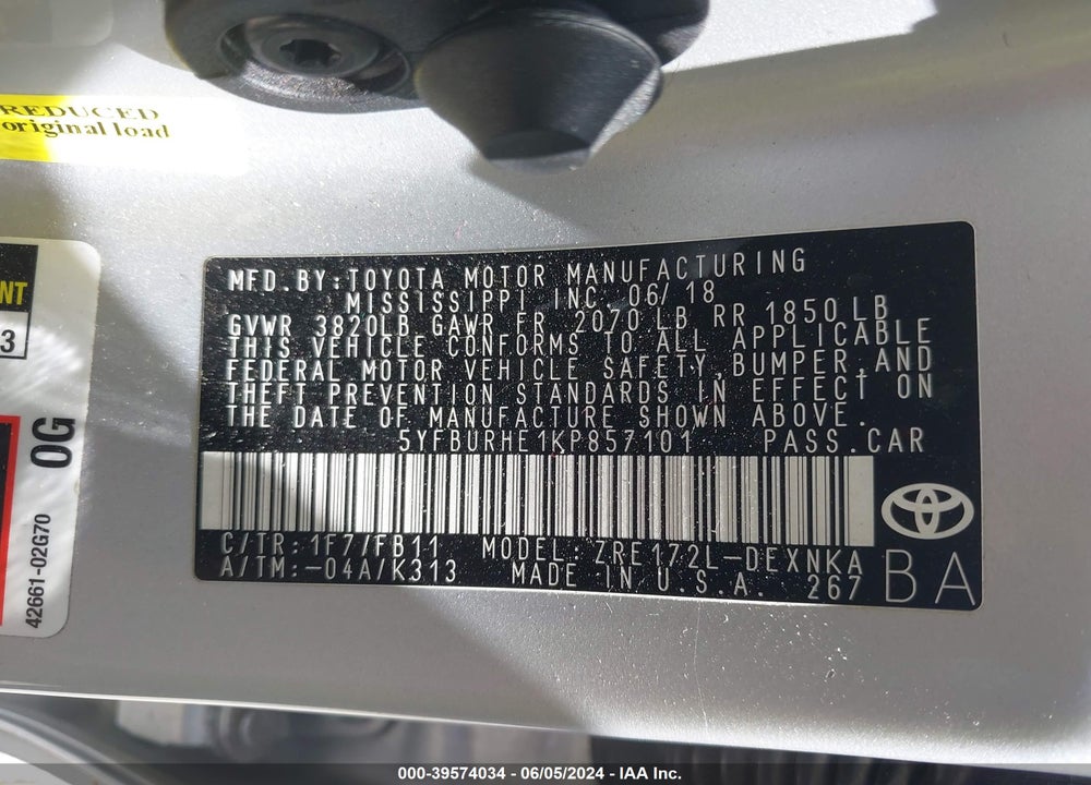 2019 TOYOTA COROLLA LE VIN: 5YFBURHE1KP857101
