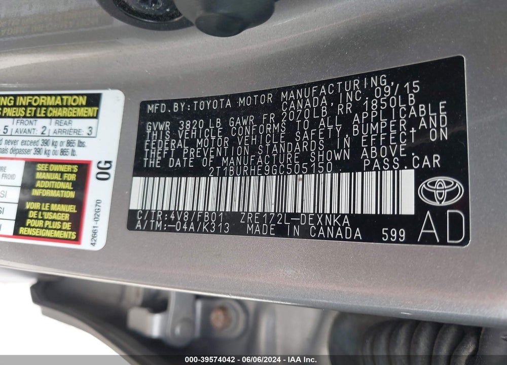 2016 TOYOTA COROLLA LE VIN: 2T1BURHE9GC505150