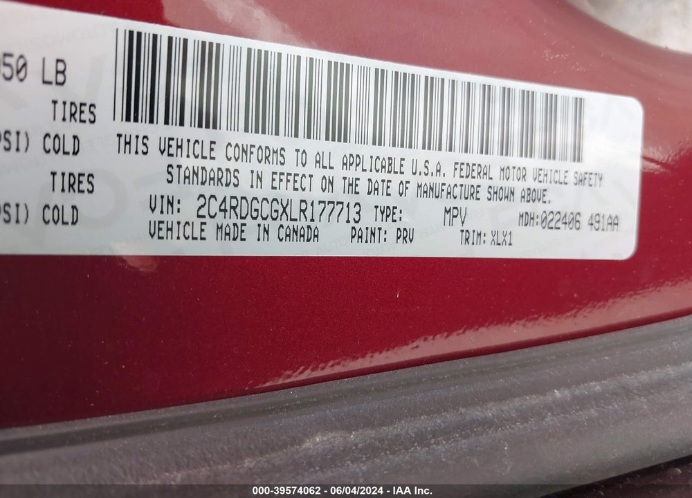 2020 DODGE GRAND CARAVAN SXT VIN: 2C4RDGCGXLR177713