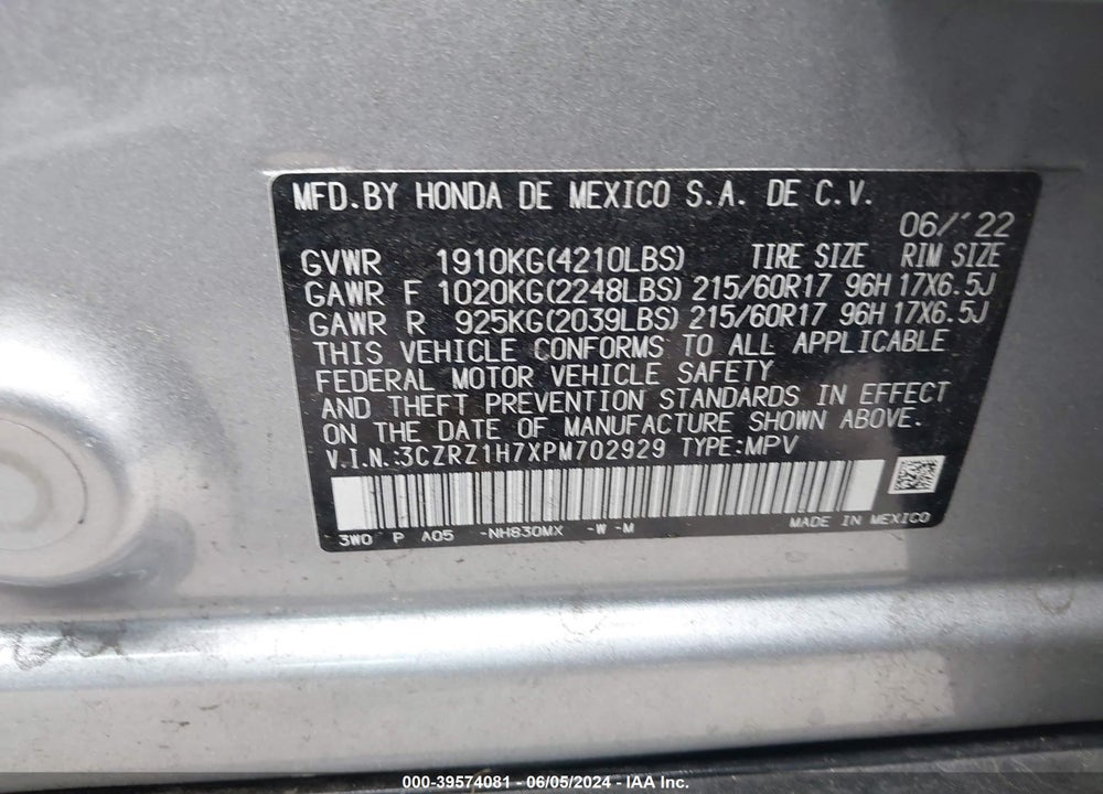 2023 HONDA HR-V 2WD EX-L VIN: 3CZRZ1H7XPM702929